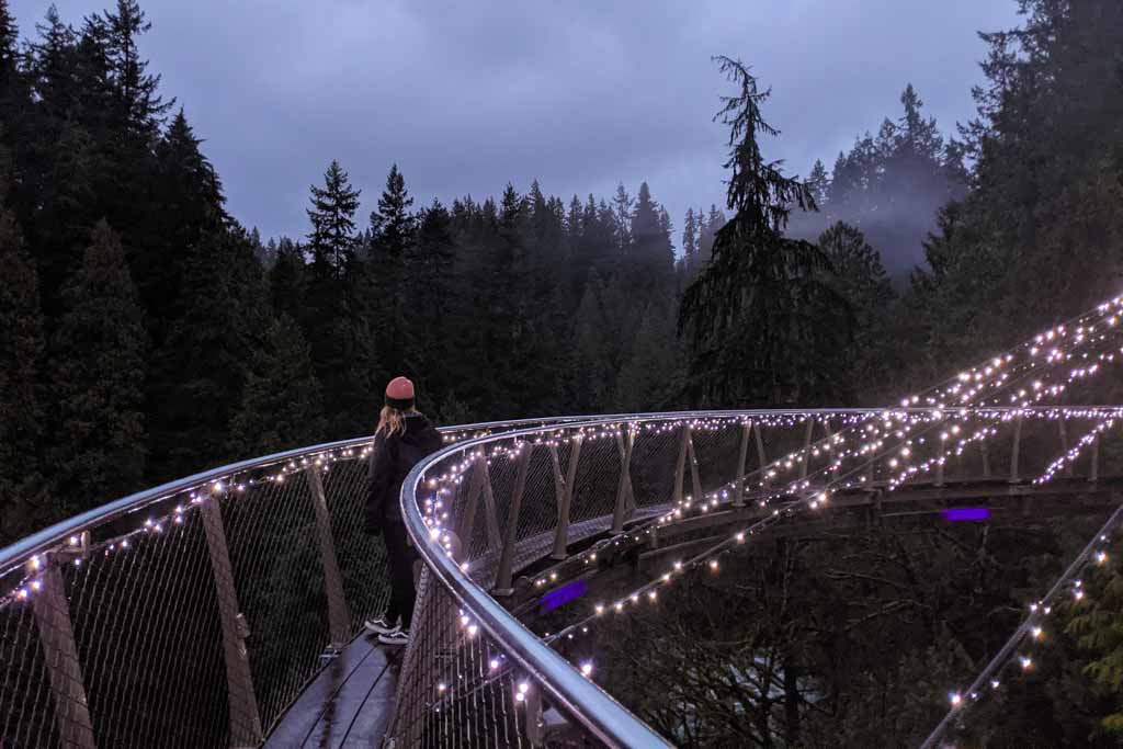 The famous Capilano Suspension Bridge in Vancouver at night with glowing lights on a bridge