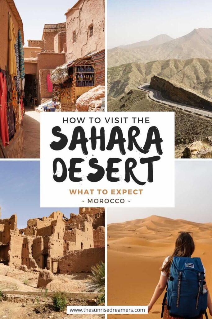 how to visit the sahara desert in Morocco travel guide - four images showing what the sahara desert tour looks like