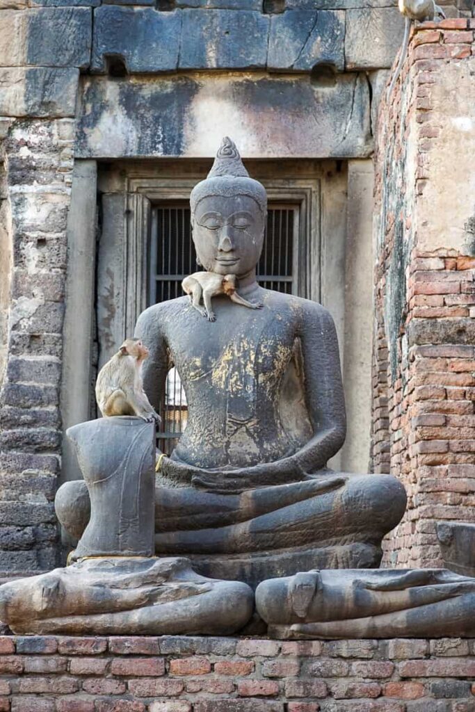 Mischievous monkeys climbing a Buddha statue